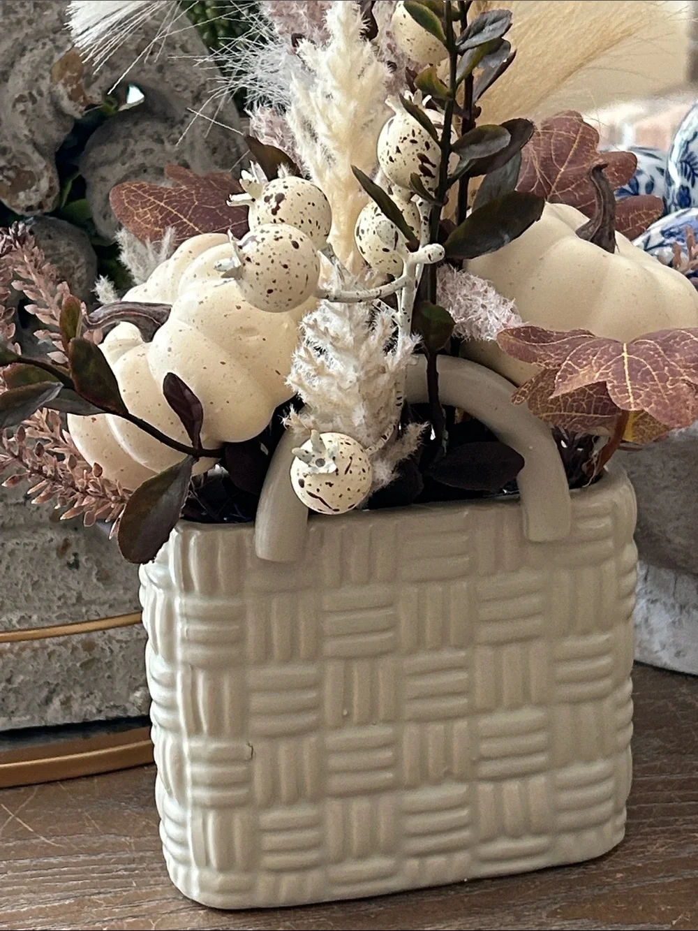 NEW! Shabby Chic Fall Harvest Floral Pumpkin White Ceramic Basket Centerpiece